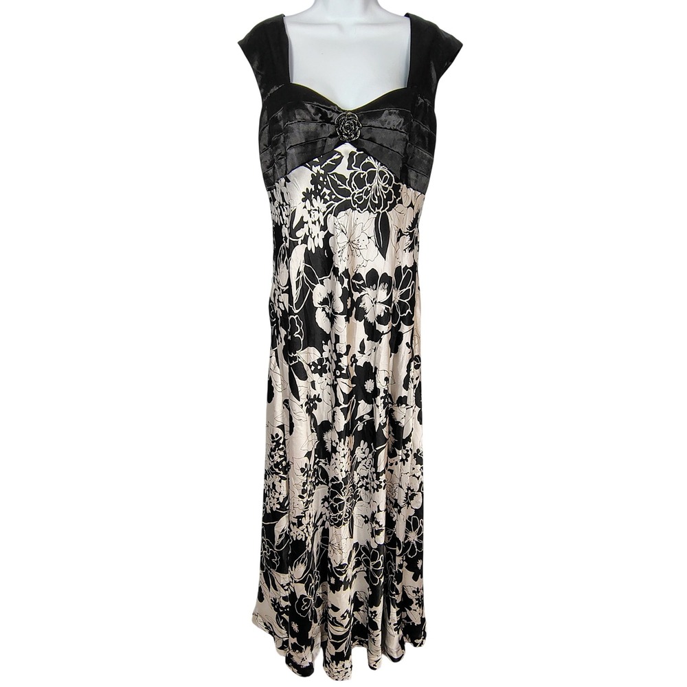 JR Nites by Caliendo Black White Floral Satin Maxi Dress Keyhole Back Size 14